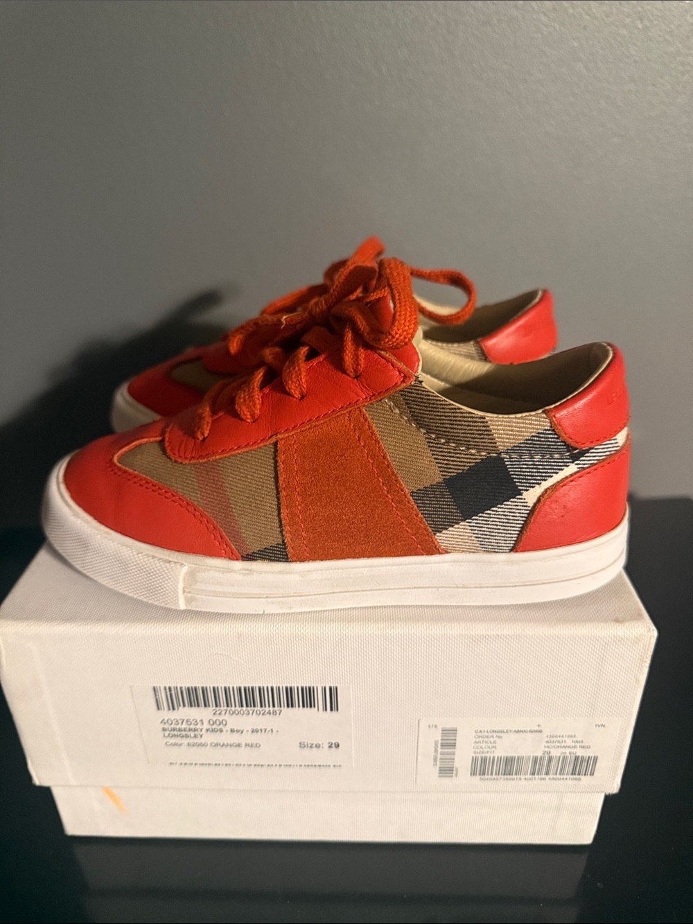 Burberry Red-Orange and Brown Plaid Kids Sneakers